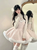 Pink Woolen Elegant Tube Dress Lolita Princess Dress in Winter Plush Cloak Three Piece Set
