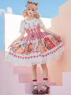 Sweet Lolita Pink Printed Bear Polyester Sleeveless Elastic Tie Design Daily Wear Light Lolita