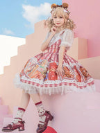 Sweet Lolita Pink Printed Bear Polyester Sleeveless Elastic Tie Design Daily Wear Light Lolita