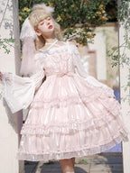 Hime Lolita Pink White Wedding Polyester Sleeveless Ruffle Hem Cake Dress