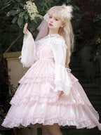 Hime Lolita Pink White Wedding Polyester Sleeveless Ruffle Hem Cake Dress