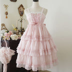Hime Lolita Pink White Wedding Polyester Sleeveless Ruffle Hem Cake Dress