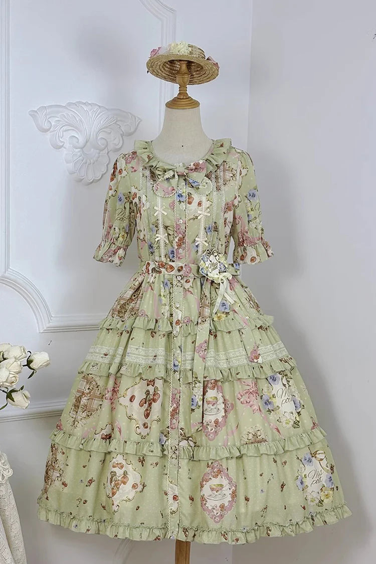 Design Concept:

Bring a touch of everyday charm to your wardrobe with this Classic Lolita green dress. Featuring short sleeves, a delicate printed pattern, ruffled trim, bow accents, and a stylish cardigan-style overlay, it perfectly balances sweet elegance with casual wearability. The soft green hue adds a fresh and gentle feel, while the flattering silhouette ensures comfort and style. Ideal for daily outings, tea parties, or casual themed gatherings, this dress combines classic Lolita aesthetics with pr