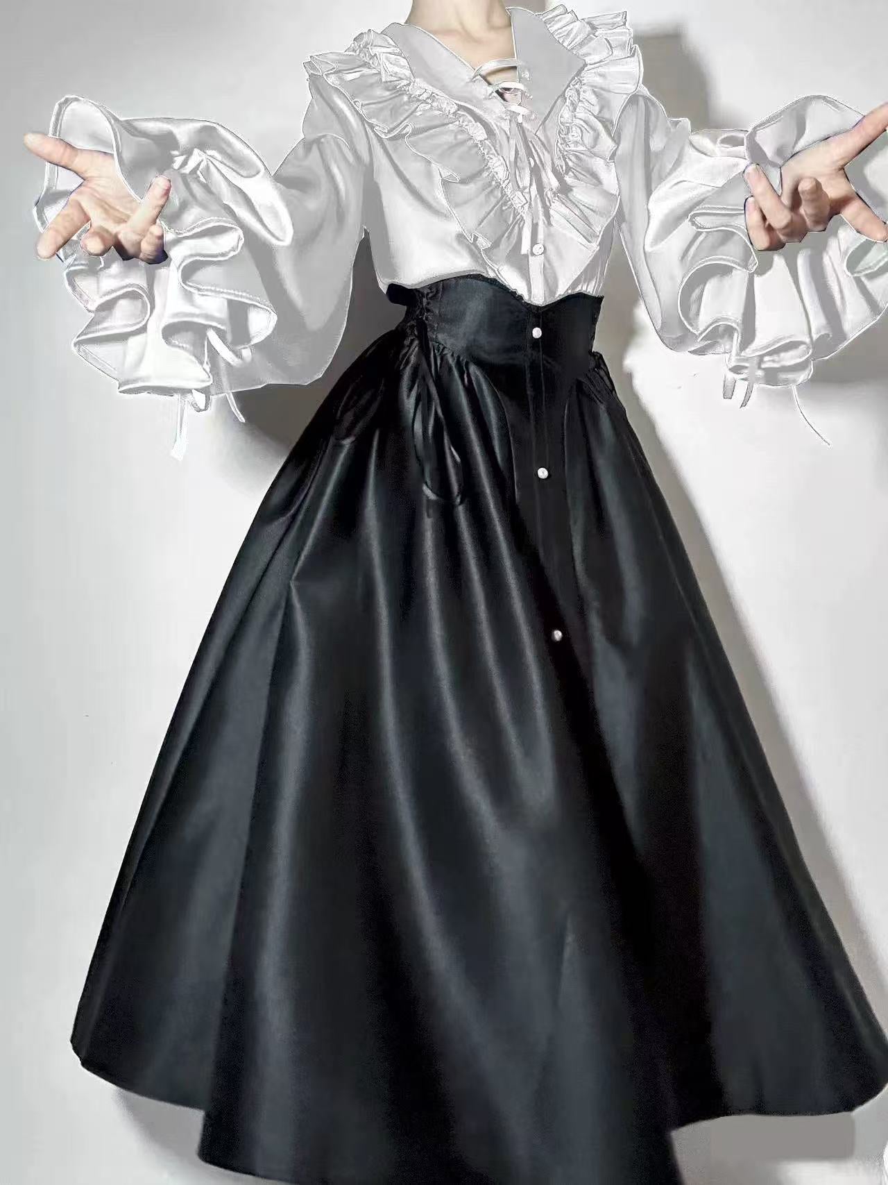 [Pre]Goth Lolita Long Dress Red White Shirt Waist-Cinched Elegant Daily Halloween Outfit
