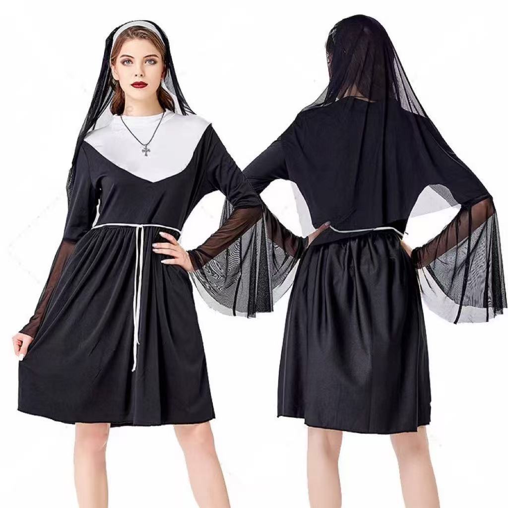 [Pre]Goth Lolita Nun Dress Black White Cross Collar Halloween Lolita Dresses