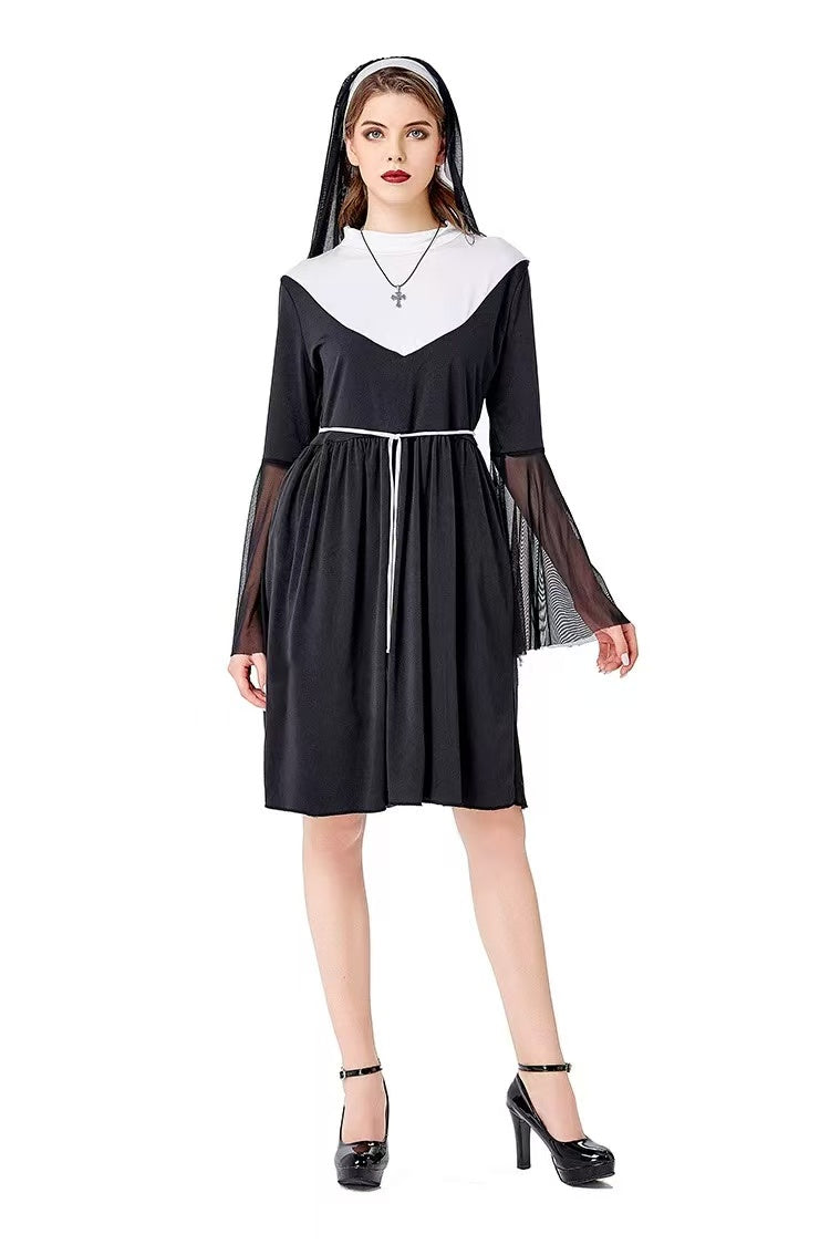[Pre]Goth Lolita Nun Dress Black White Cross Collar Halloween Lolita Dresses
