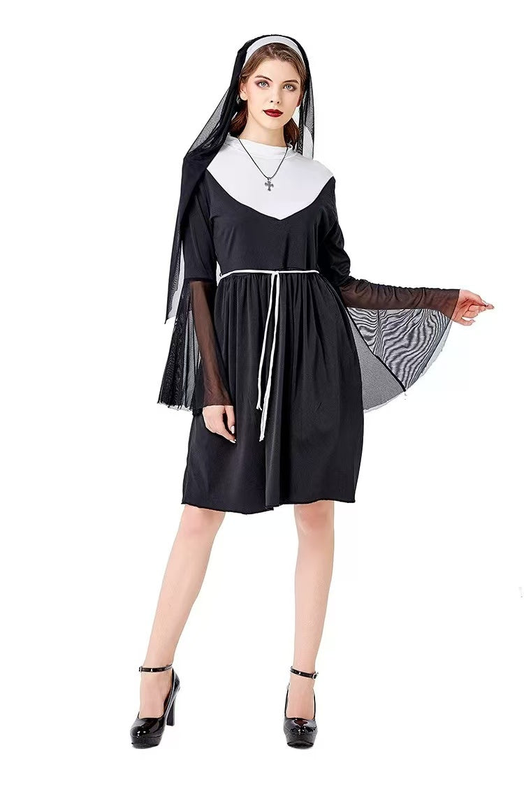 [Pre]Goth Lolita Nun Dress Black White Cross Collar Halloween Lolita Dresses