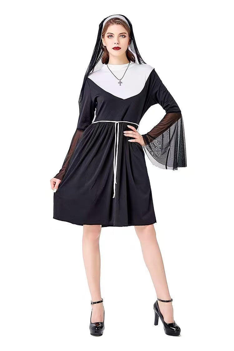 [Pre]Goth Lolita Nun Dress Black White Cross Collar Halloween Lolita Dresses