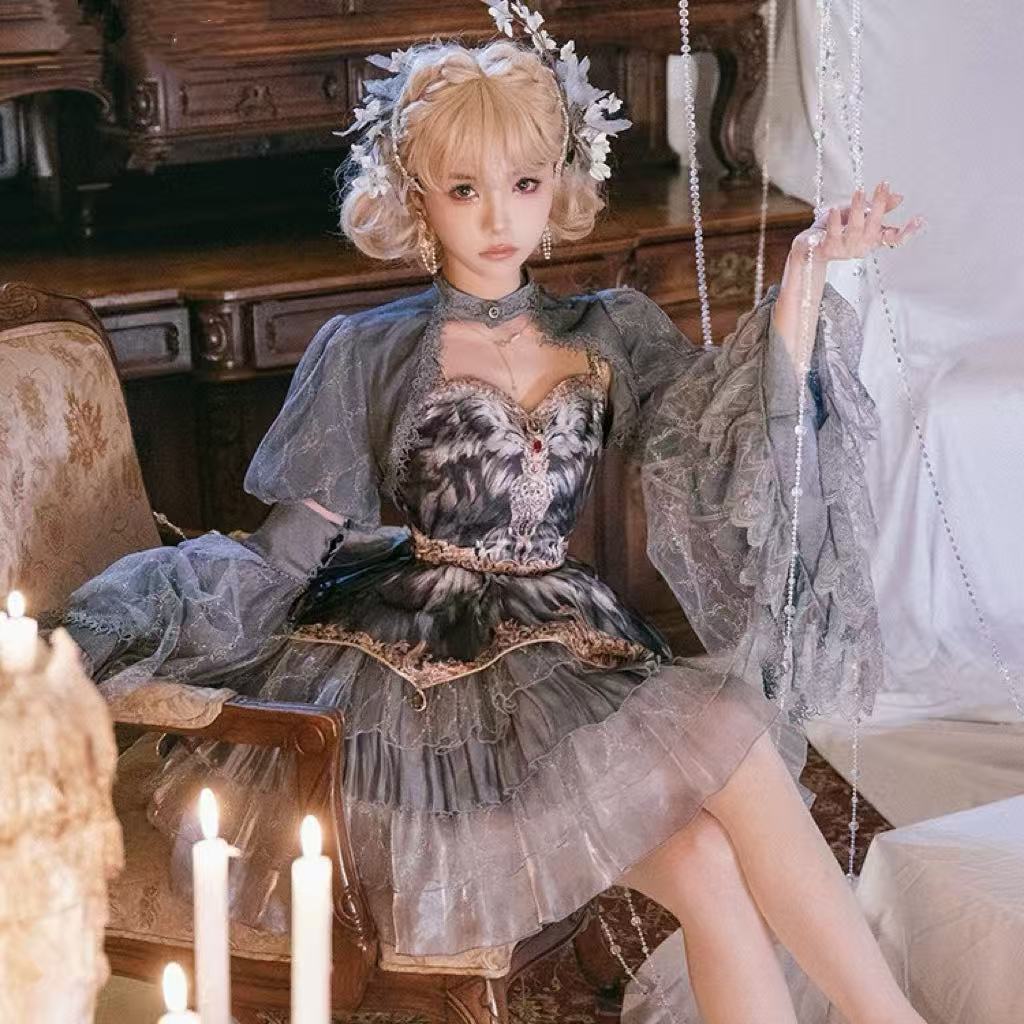 Design Concept:

This Gothic Lolita JSK dress in a sophisticated ash grey hue features a beautifully tailored short silhouette that exudes an aura of elegant charm. The design incorporates delicate gothic accents and a flattering cut that creates a graceful figure while maintaining a modest length. Crafted from high-quality textured fabric this piece showcases subtle details like fine stitching and delicate lace trim that enhance its dark romantic aesthetic. Perfect for creating a refined gothic coordinate 