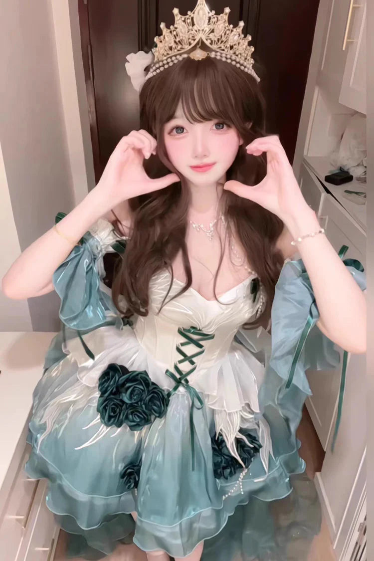 [Pre] Hime Lolita Amber Green Embroidery Bow-Tie Lace-Up Ballet Princess JSK Short Version