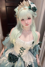 [Pre] Hime Lolita Amber Green Embroidery Bow-Tie Lace-Up Ballet Princess JSK Short Version