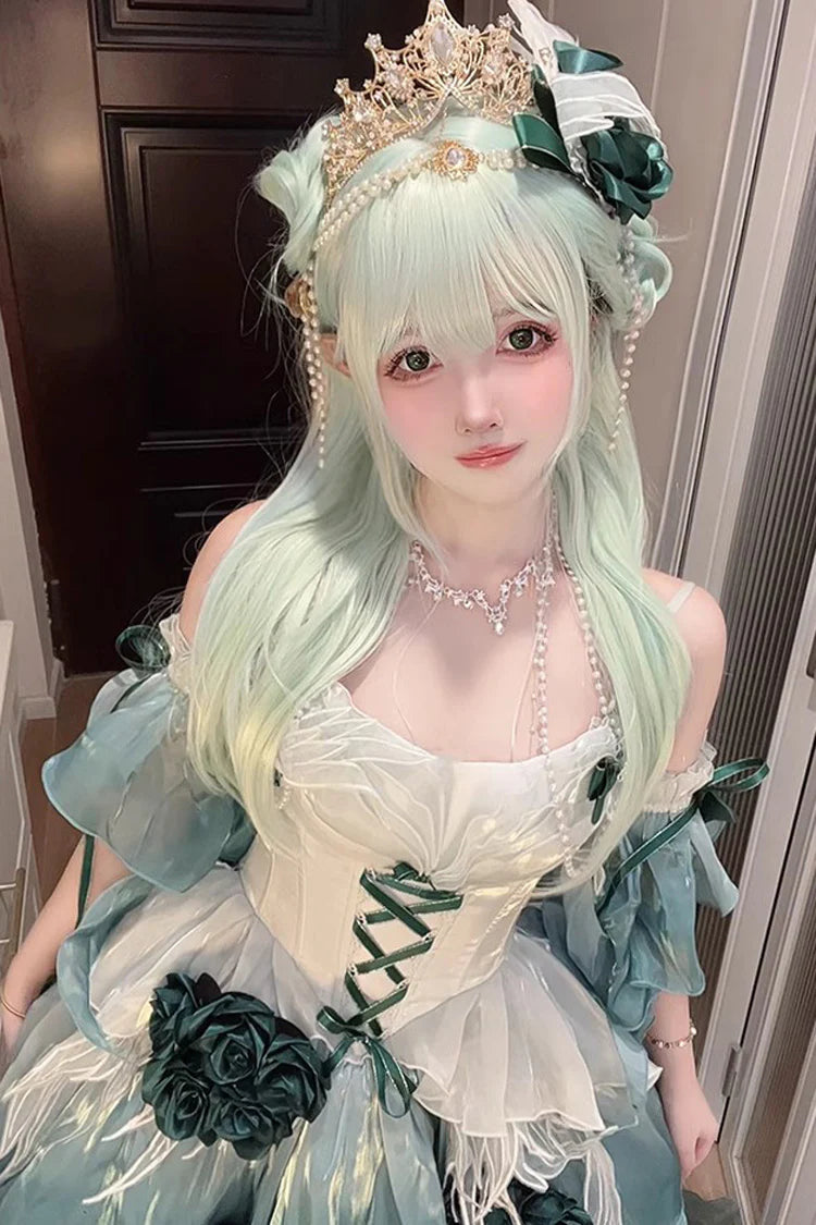 [Pre] Hime Lolita Amber Green Embroidery Bow-Tie Lace-Up Ballet Princess JSK Short Version