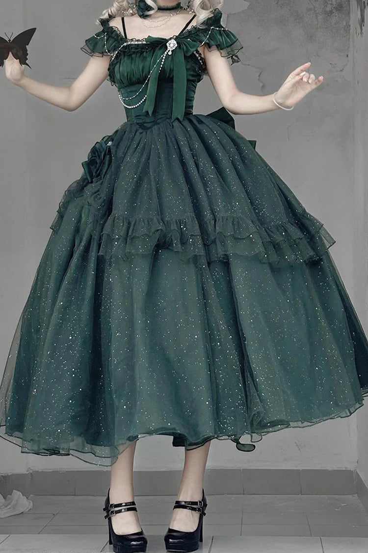 [Pre] Hime Lolita Green Shoulder-Baring Flounce Ribbon Elegant Charming Asymmetric Princess OP Dress