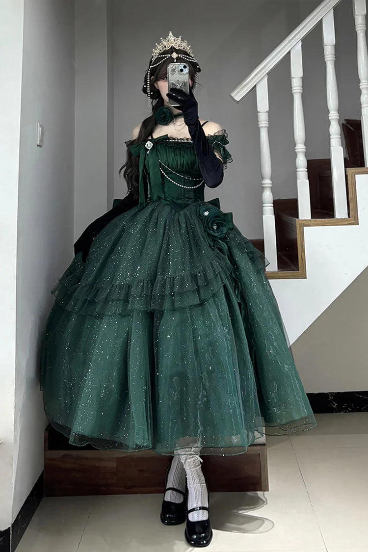 [Pre] Hime Lolita Green Shoulder-Baring Flounce Ribbon Elegant Charming Asymmetric Princess OP Dress
