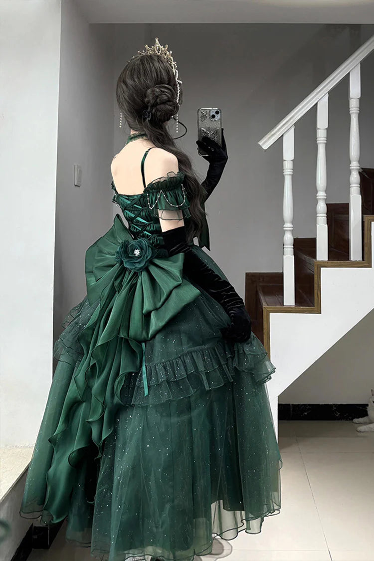 [Pre] Hime Lolita Green Shoulder-Baring Flounce Ribbon Elegant Charming Asymmetric Princess OP Dress