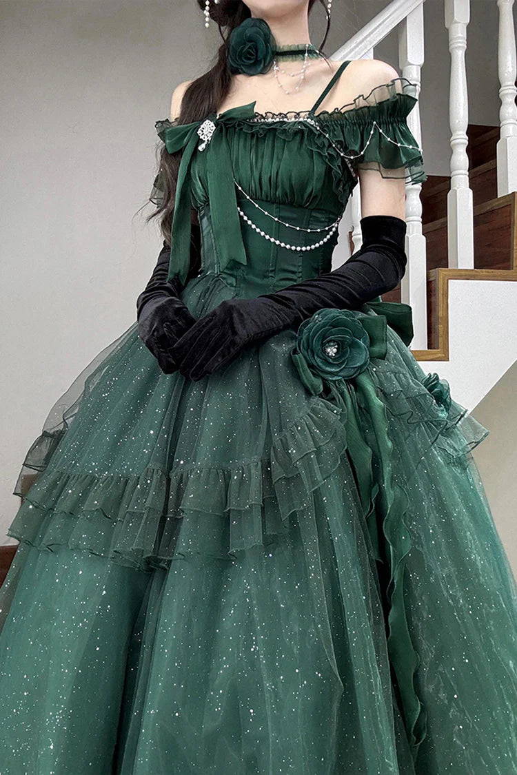 [Pre] Hime Lolita Green Shoulder-Baring Flounce Ribbon Elegant Charming Asymmetric Princess OP Dress