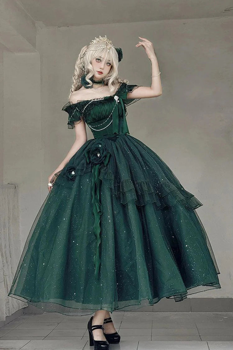 [Pre] Hime Lolita Green Shoulder-Baring Flounce Ribbon Elegant Charming Asymmetric Princess OP Dress