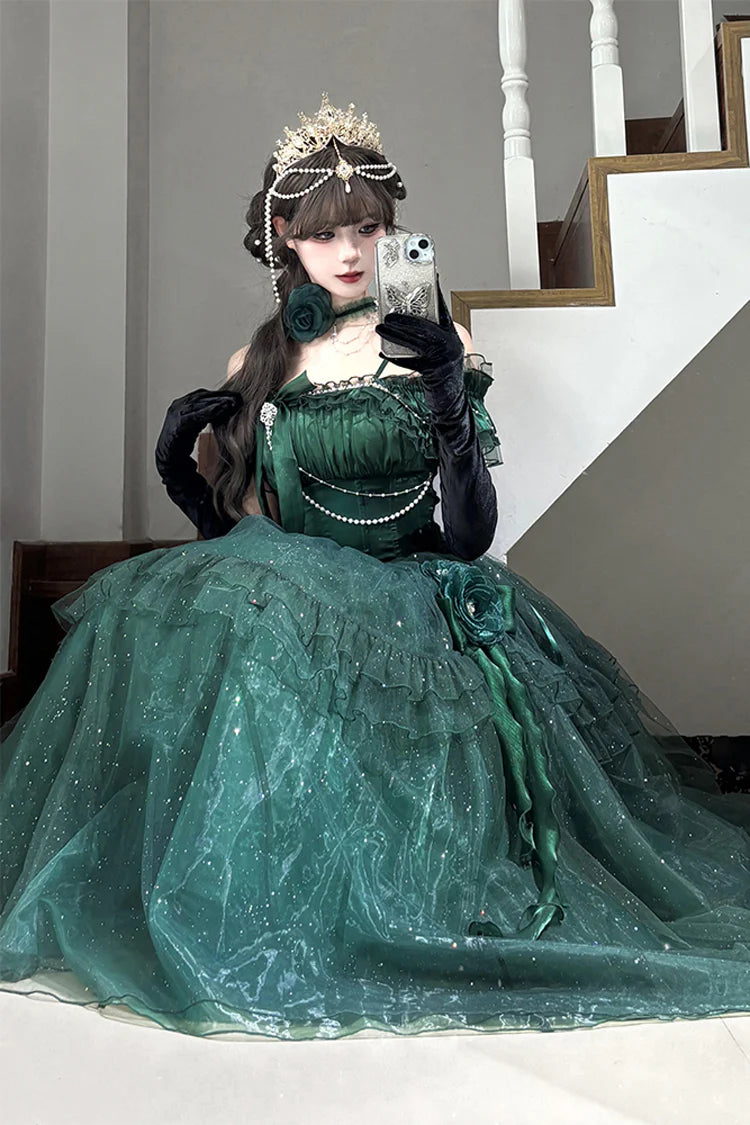 [Pre] Hime Lolita Green Shoulder-Baring Flounce Ribbon Elegant Charming Asymmetric Princess OP Dress