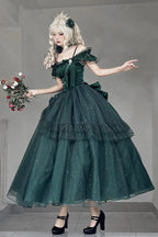 [Pre] Hime Lolita Green Shoulder-Baring Flounce Ribbon Elegant Charming Asymmetric Princess OP Dress