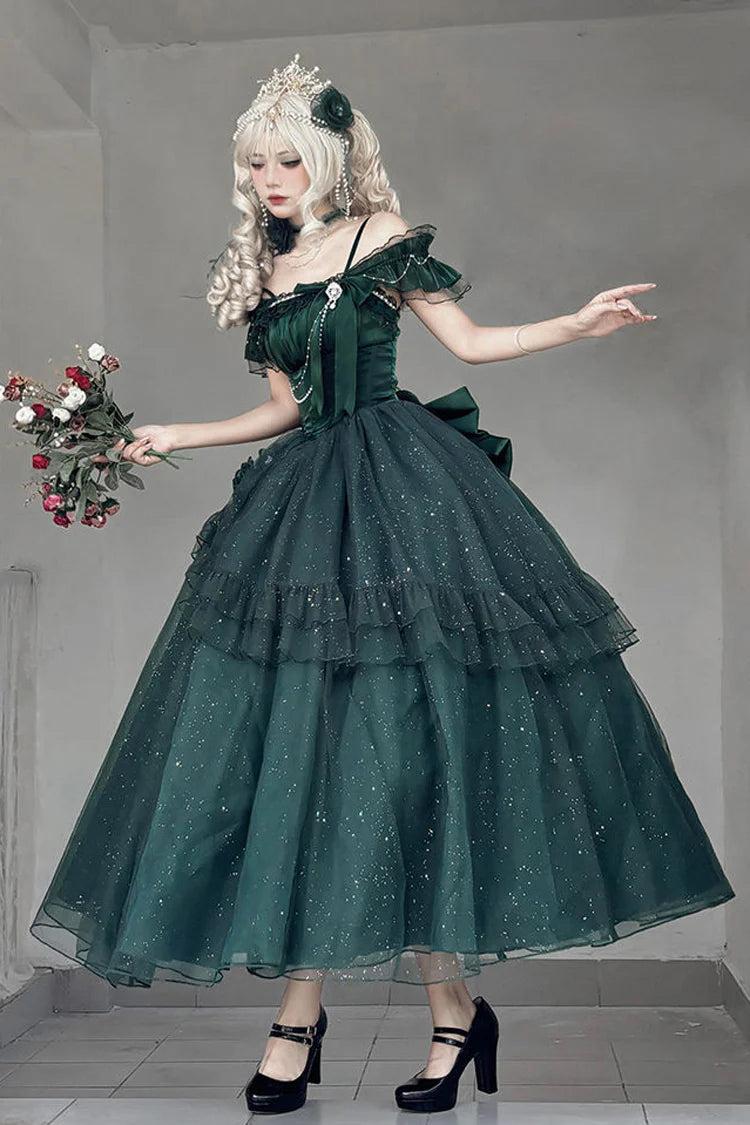 [Pre] Hime Lolita Green Shoulder-Baring Flounce Ribbon Elegant Charming Asymmetric Princess OP Dress