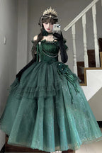 [Pre] Hime Lolita Green Shoulder-Baring Flounce Ribbon Elegant Charming Asymmetric Princess OP Dress