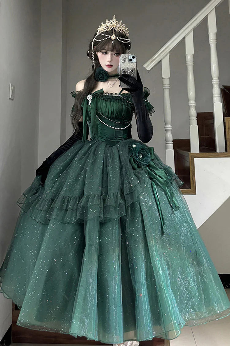 [Pre] Hime Lolita Green Shoulder-Baring Flounce Ribbon Elegant Charming Asymmetric Princess OP Dress