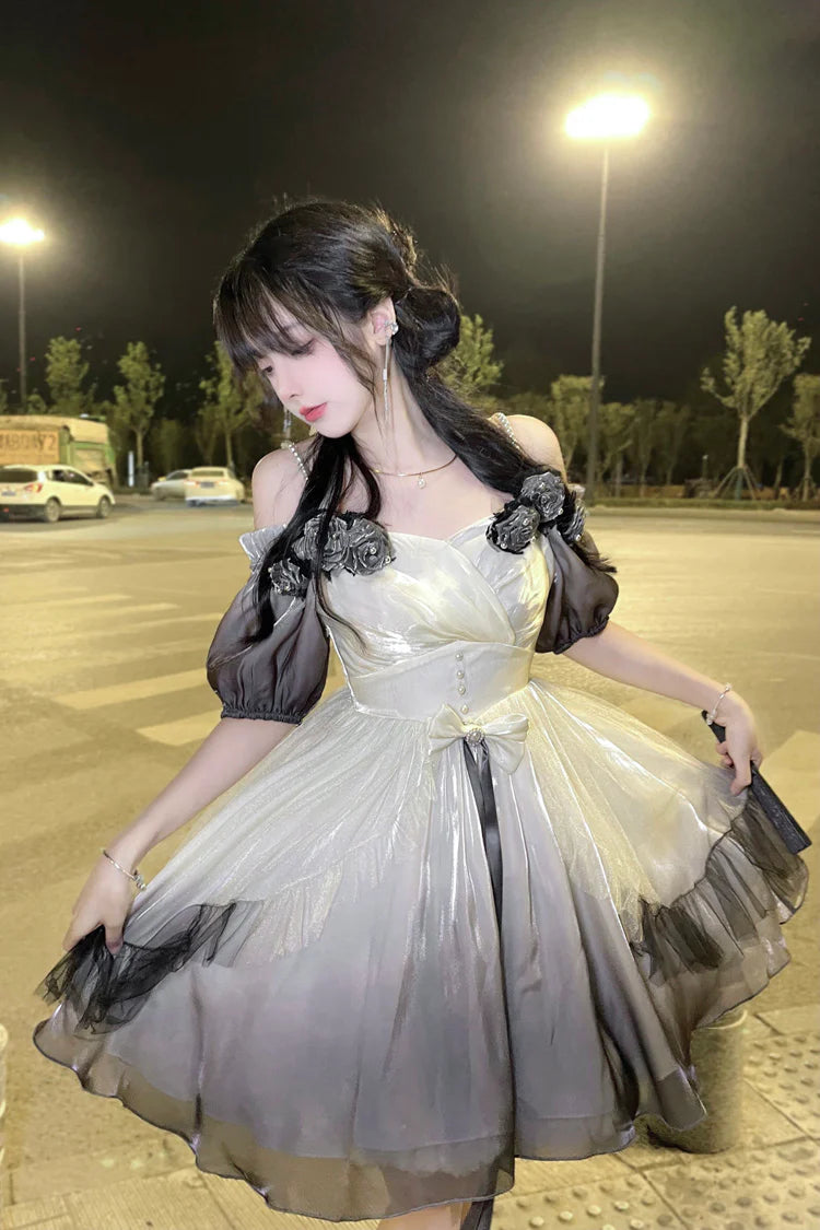 This Hime Lolita JSK dress features an ink-gradient design in soft, watercolor-inspired tones, accented with charming ribbon details and a strawberry princess motif. The short silhouette enhances a sweet and playful look, perfect for summer or spring styling. Crafted with delicate fabrics and attention to detail, this dress combines elegance with a whimsical Lolita aesthetic. Ideal for cosplay, special occasions, or completing a sweet Lolita wardrobe, it offers both style and charm.