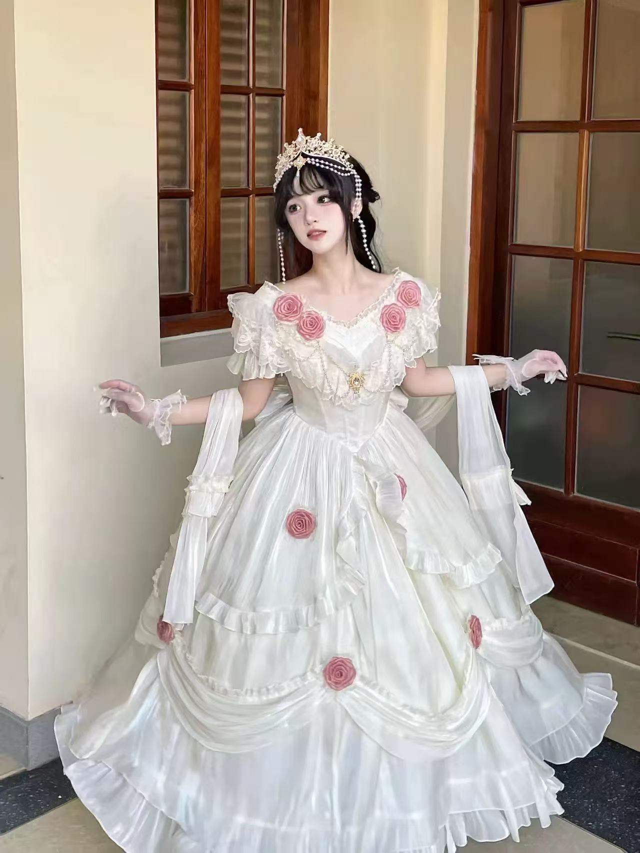 [Pre] Hime Lolita Ivory Rose Blossom Long Sleeve Frilled Bow Elegant Sweet Princess Strapless JSK