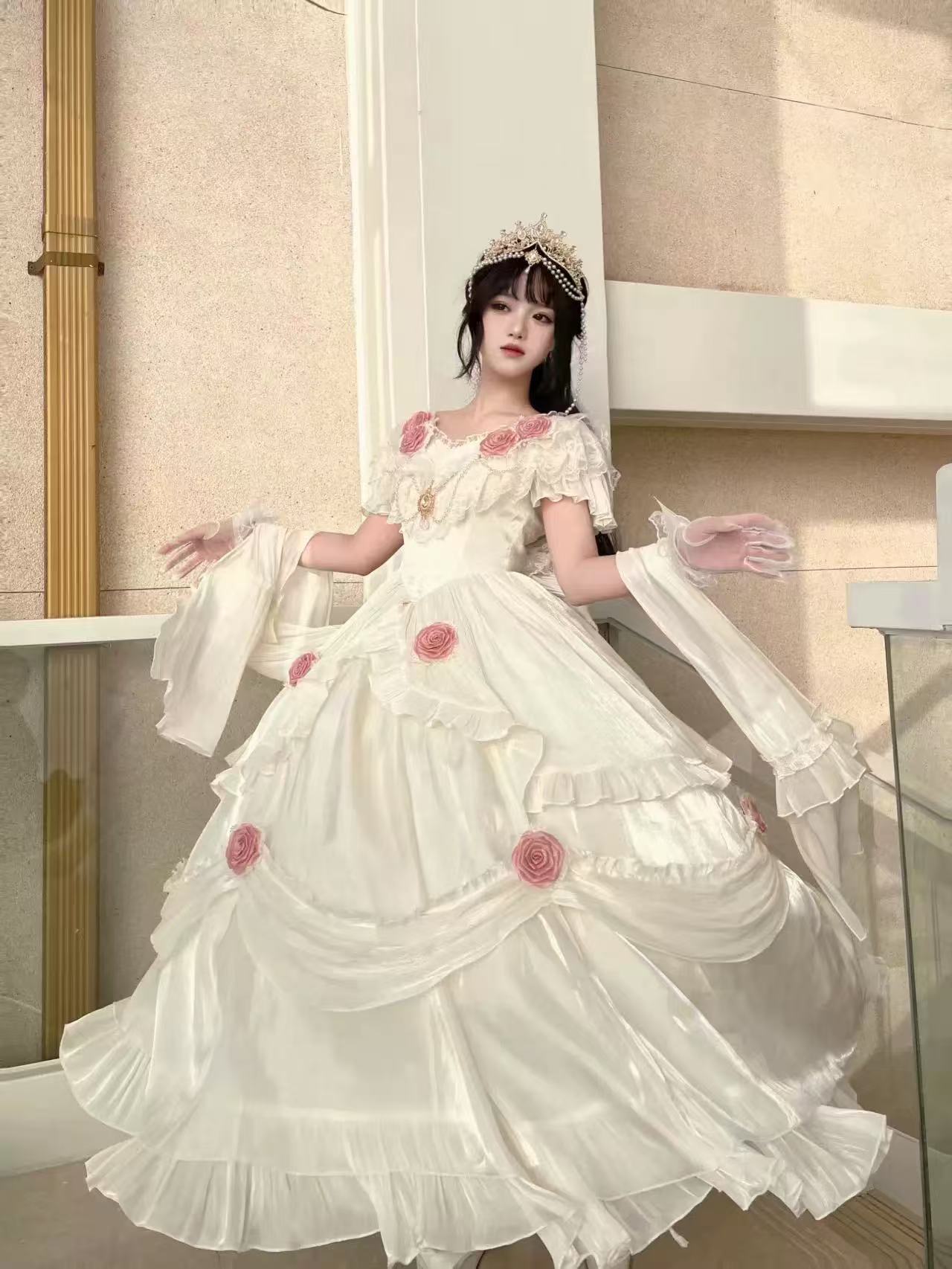 [Pre] Hime Lolita Ivory Rose Blossom Long Sleeve Frilled Bow Elegant Sweet Princess Strapless JSK