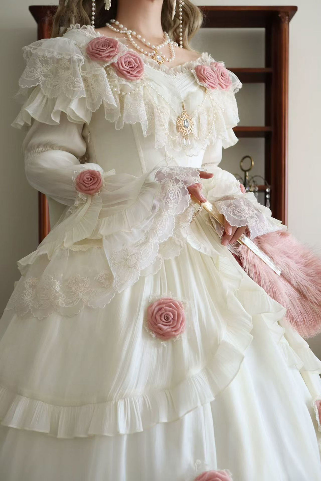 [Pre] Hime Lolita Ivory Rose Blossom Long Sleeve Frilled Bow Elegant Sweet Princess Strapless JSK