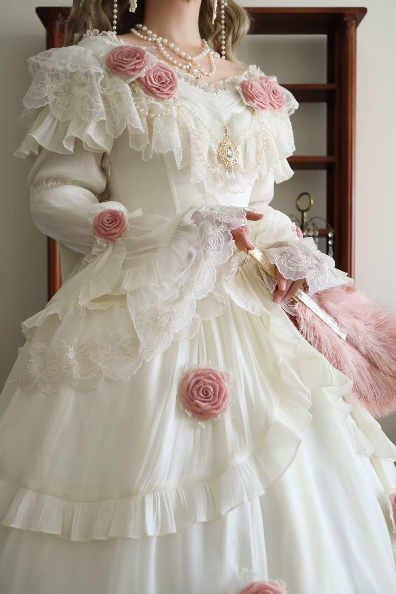 [Pre] Hime Lolita Ivory Rose Blossom Long Sleeve Frilled Bow Elegant Sweet Princess Strapless JSK