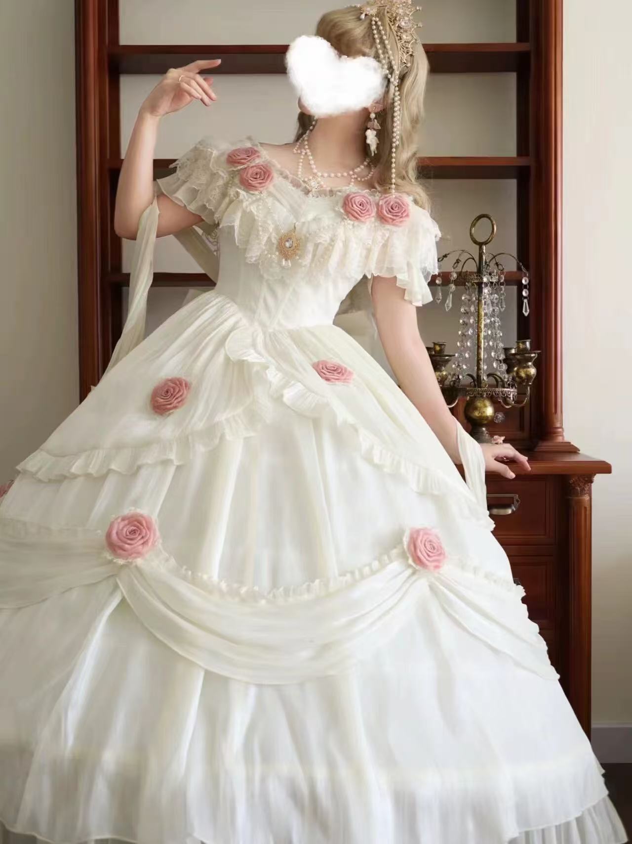 [Pre] Hime Lolita Ivory Rose Blossom Long Sleeve Frilled Bow Elegant Sweet Princess Strapless JSK