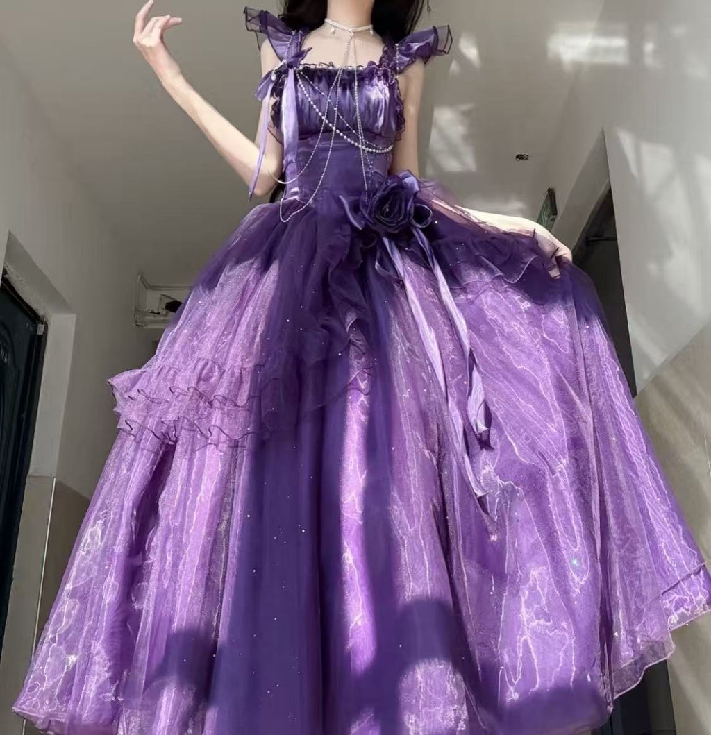 [Pre]  Hime Lolita Purple Shoulder-Baring Frill Ribbon Charming Graceful Asymmetric Princess Dress