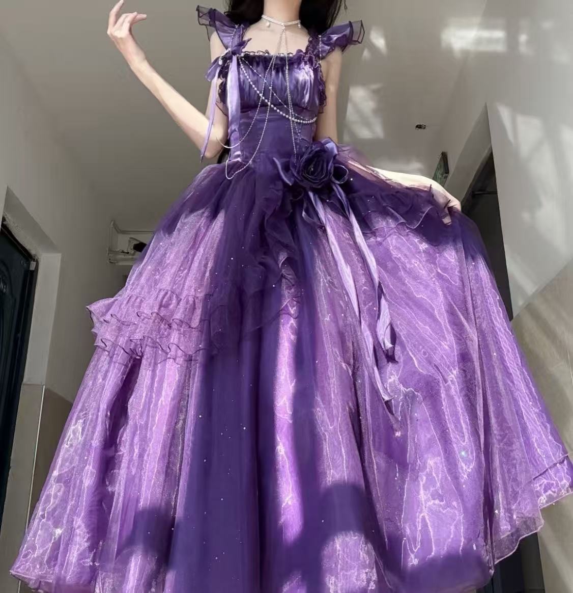[Pre]  Hime Lolita Purple Shoulder-Baring Frill Ribbon Charming Graceful Asymmetric Princess Dress