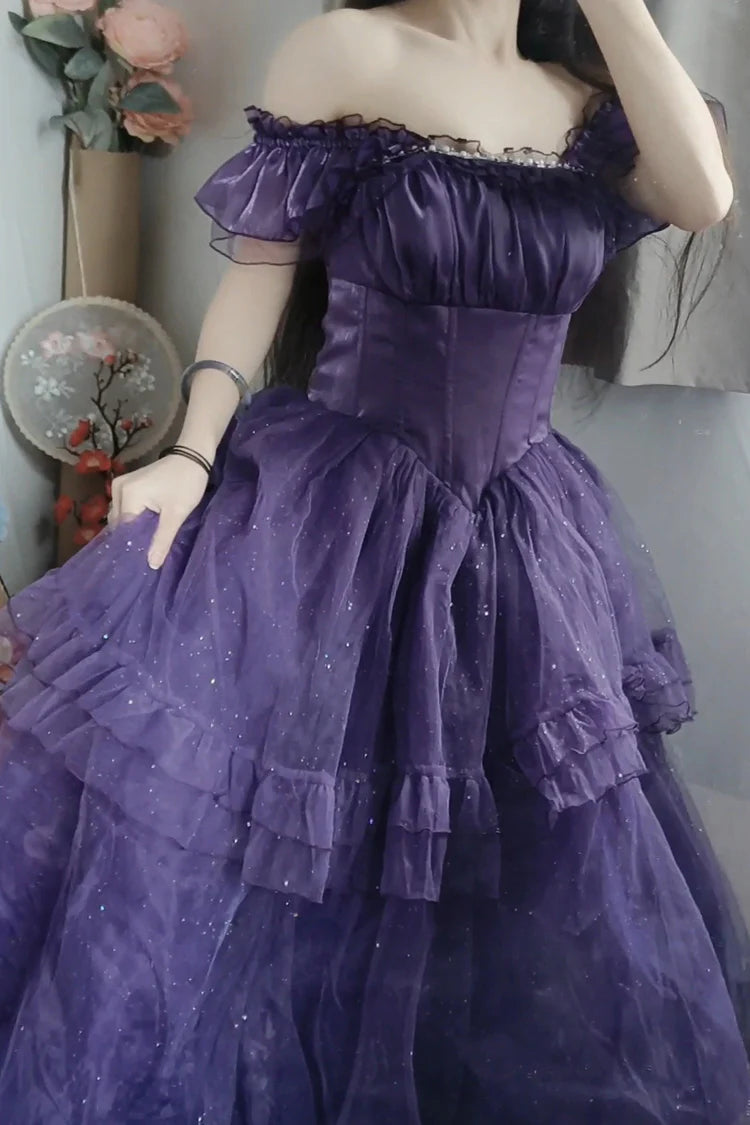 [Pre]  Hime Lolita Purple Shoulder-Baring Frill Ribbon Charming Graceful Asymmetric Princess Dress