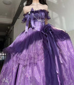 [Pre]  Hime Lolita Purple Shoulder-Baring Frill Ribbon Charming Graceful Asymmetric Princess Dress