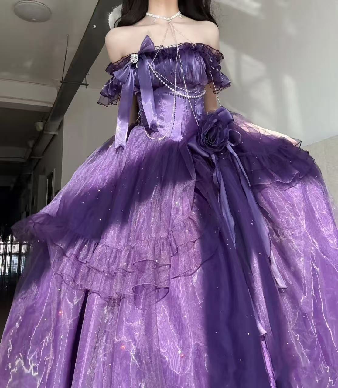 [Pre]  Hime Lolita Purple Shoulder-Baring Frill Ribbon Charming Graceful Asymmetric Princess Dress