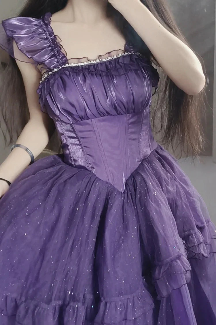 [Pre]  Hime Lolita Purple Shoulder-Baring Frill Ribbon Charming Graceful Asymmetric Princess Dress