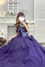 [Pre]  Hime Lolita Purple Shoulder-Baring Frill Ribbon Charming Graceful Asymmetric Princess Dress