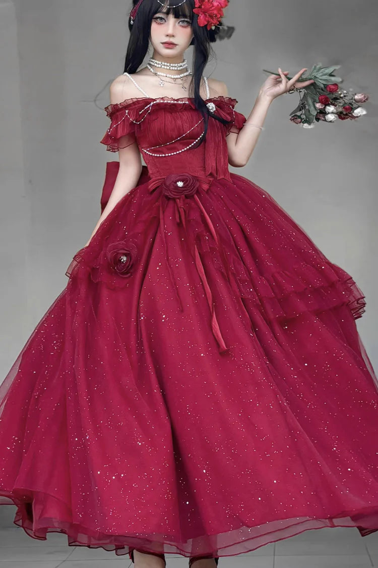 [Pre] Hime Lolita Red Off-Shoulder Frilled Bow Elegant Lovely Asymmetric Princess Lolita Dress