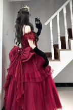 [Pre] Hime Lolita Red Off-Shoulder Frilled Bow Elegant Lovely Asymmetric Princess Lolita Dress