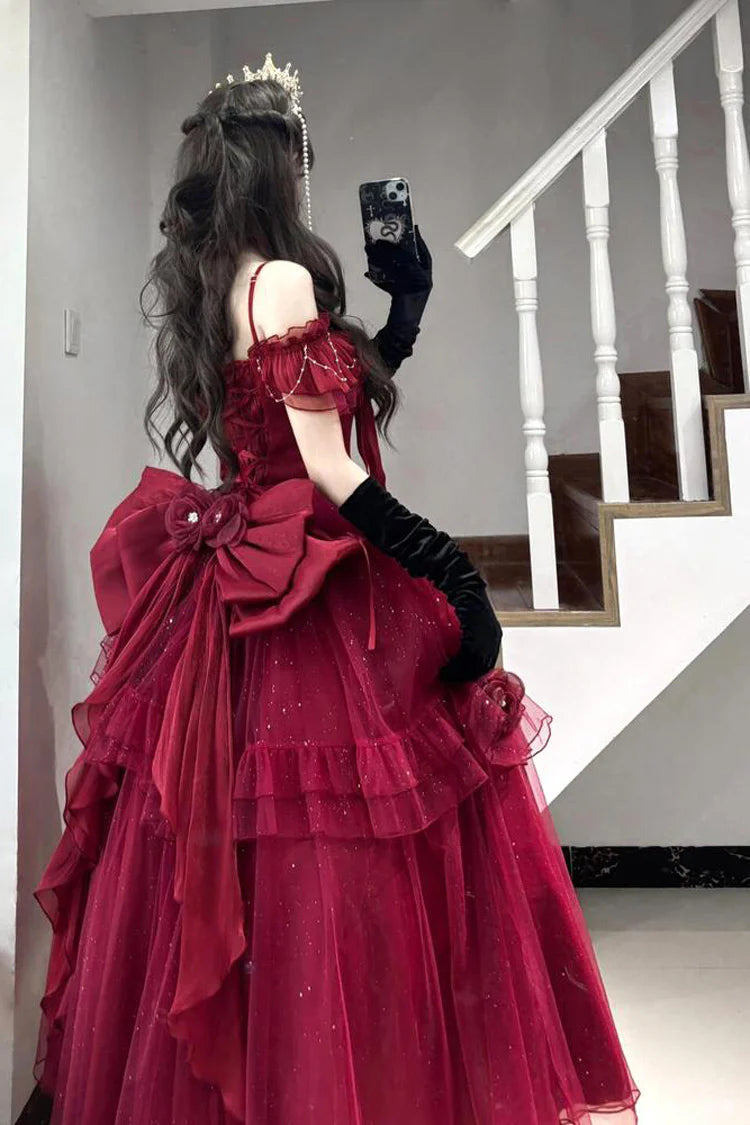 [Pre] Hime Lolita Red Off-Shoulder Frilled Bow Elegant Lovely Asymmetric Princess Lolita Dress