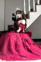 [Pre] Hime Lolita Red Off-Shoulder Frilled Bow Elegant Lovely Asymmetric Princess Lolita Dress