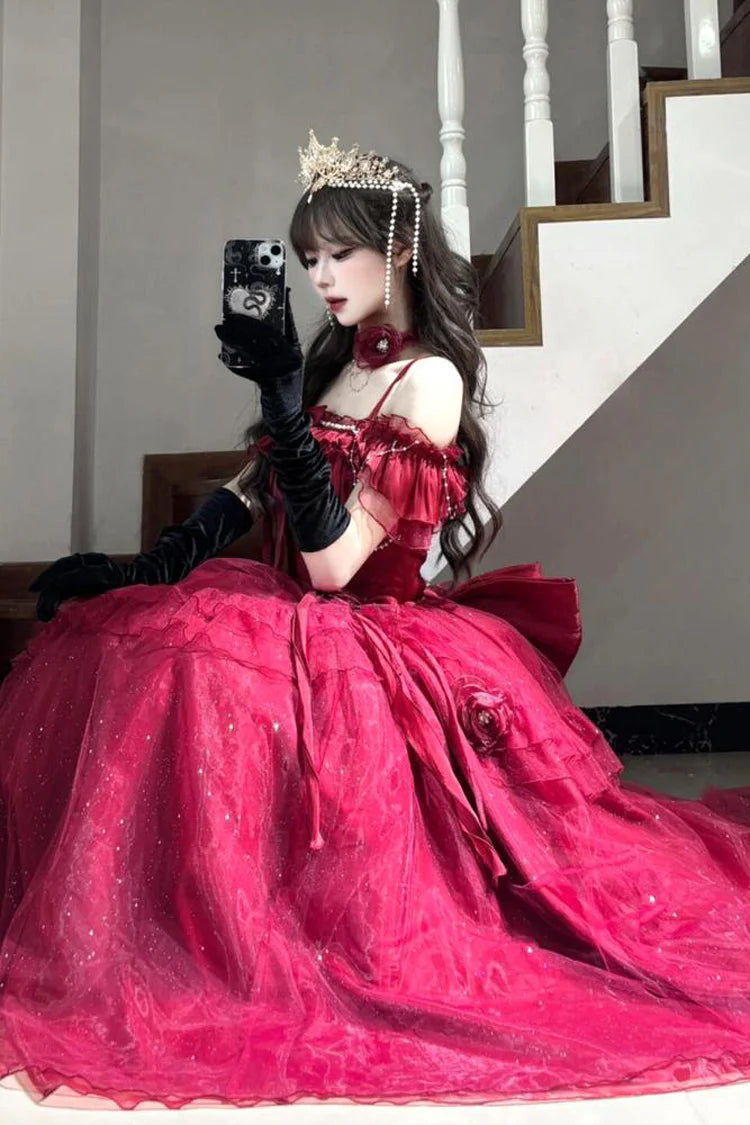 [Pre] Hime Lolita Red Off-Shoulder Frilled Bow Elegant Lovely Asymmetric Princess Lolita Dress
