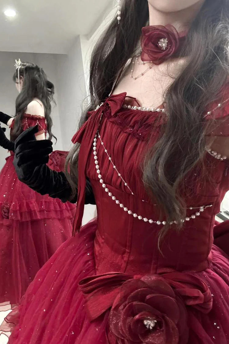 [Pre] Hime Lolita Red Off-Shoulder Frilled Bow Elegant Lovely Asymmetric Princess Lolita Dress