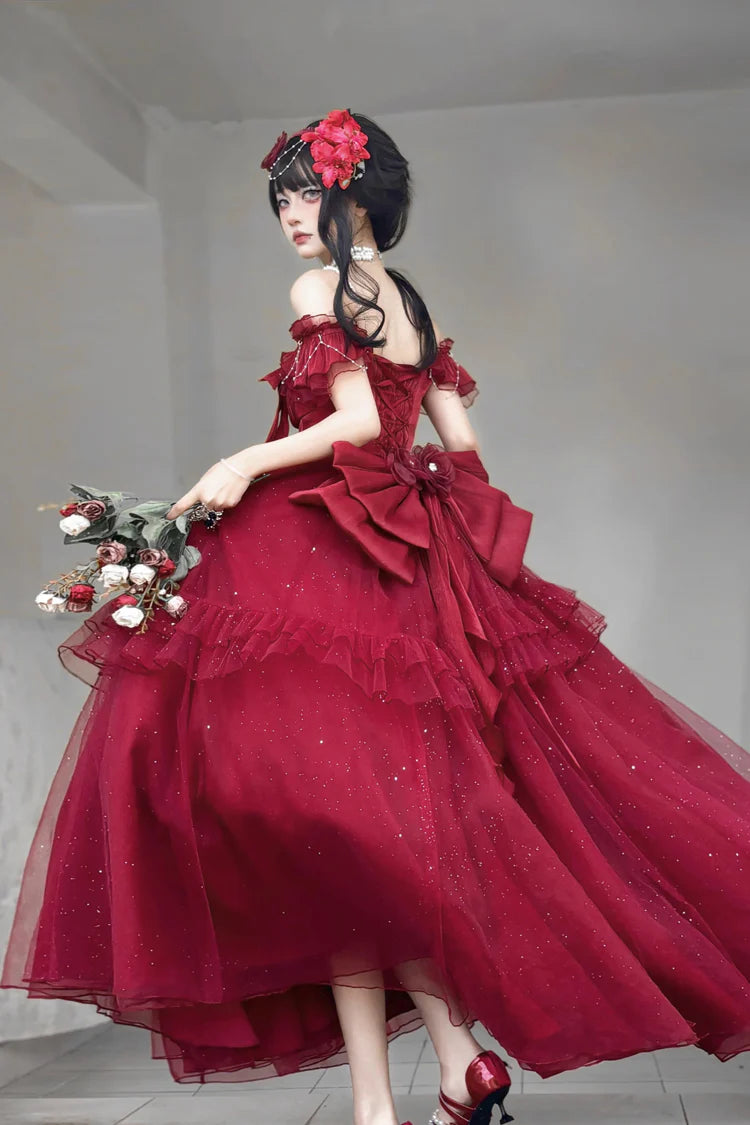 [Pre] Hime Lolita Red Off-Shoulder Frilled Bow Elegant Lovely Asymmetric Princess Lolita Dress