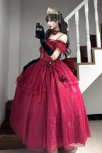[Pre] Hime Lolita Red Off-Shoulder Frilled Bow Elegant Lovely Asymmetric Princess Lolita Dress