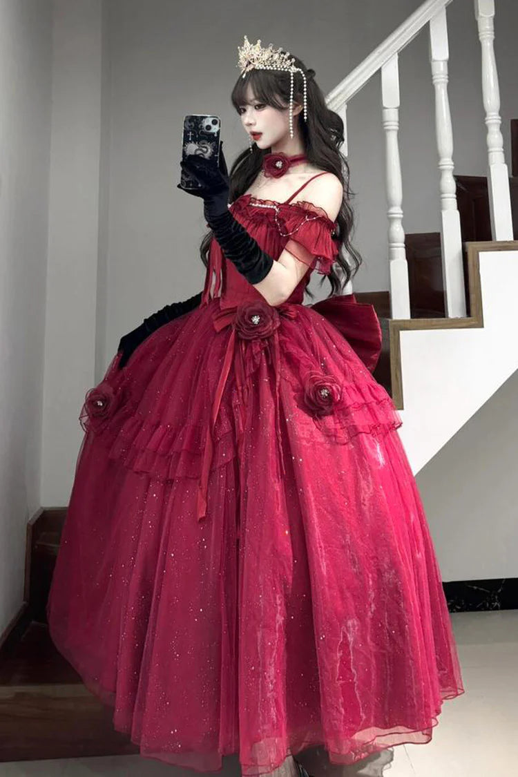 [Pre] Hime Lolita Red Off-Shoulder Frilled Bow Elegant Lovely Asymmetric Princess Lolita Dress