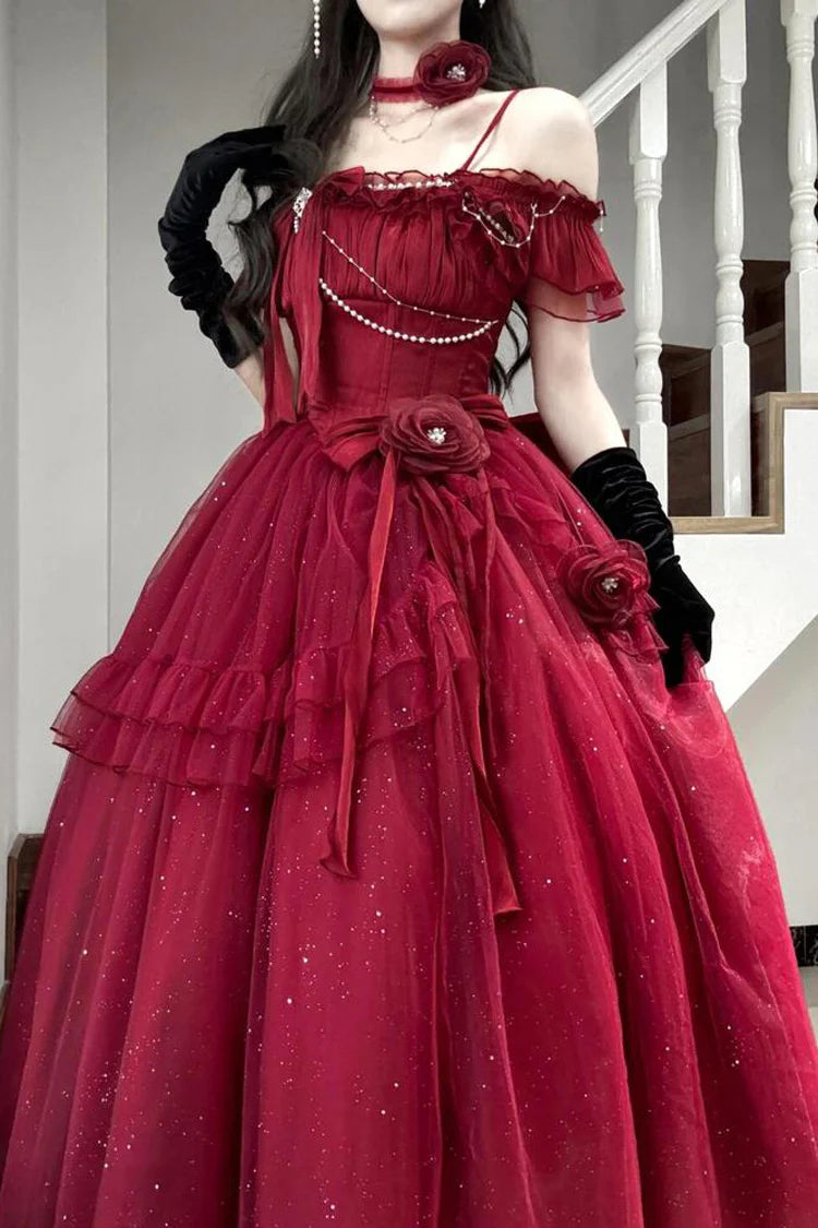 [Pre] Hime Lolita Red Off-Shoulder Frilled Bow Elegant Lovely Asymmetric Princess Lolita Dress