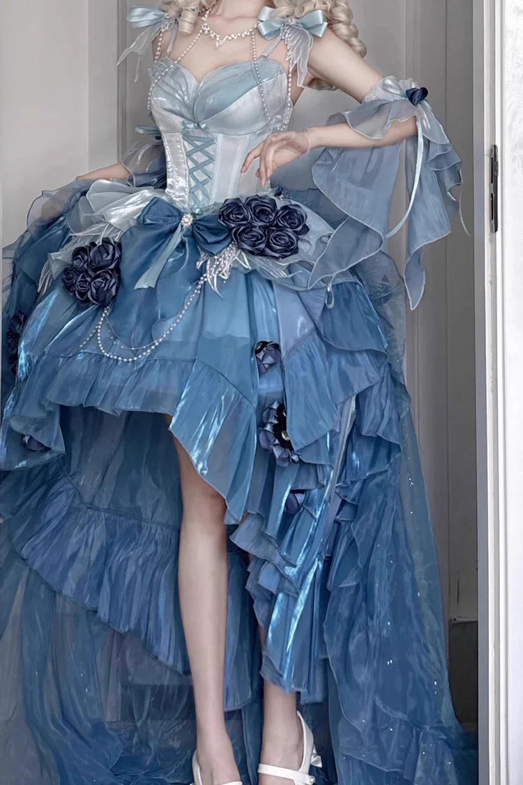 [Pre] Hime Lolita Sky Blue Embroidery Lace-Up Asymmetrical Princess Dress with High-Low Hemline